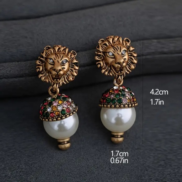 Designer Inspired Lion Head with Faux Pearl & Colorful Rhinestones Earrings - Picture 2 of 6